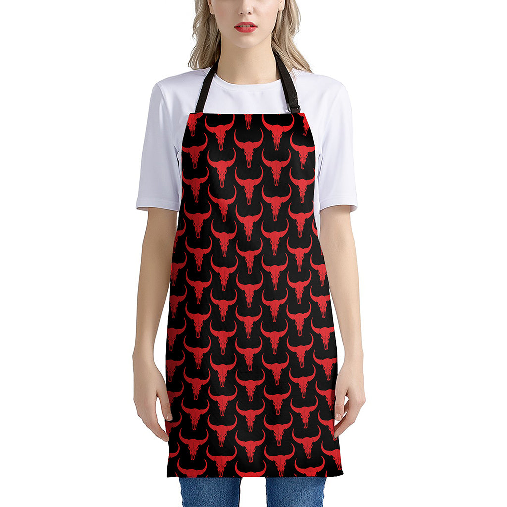 Red And Black Bull Skull Pattern Print Apron