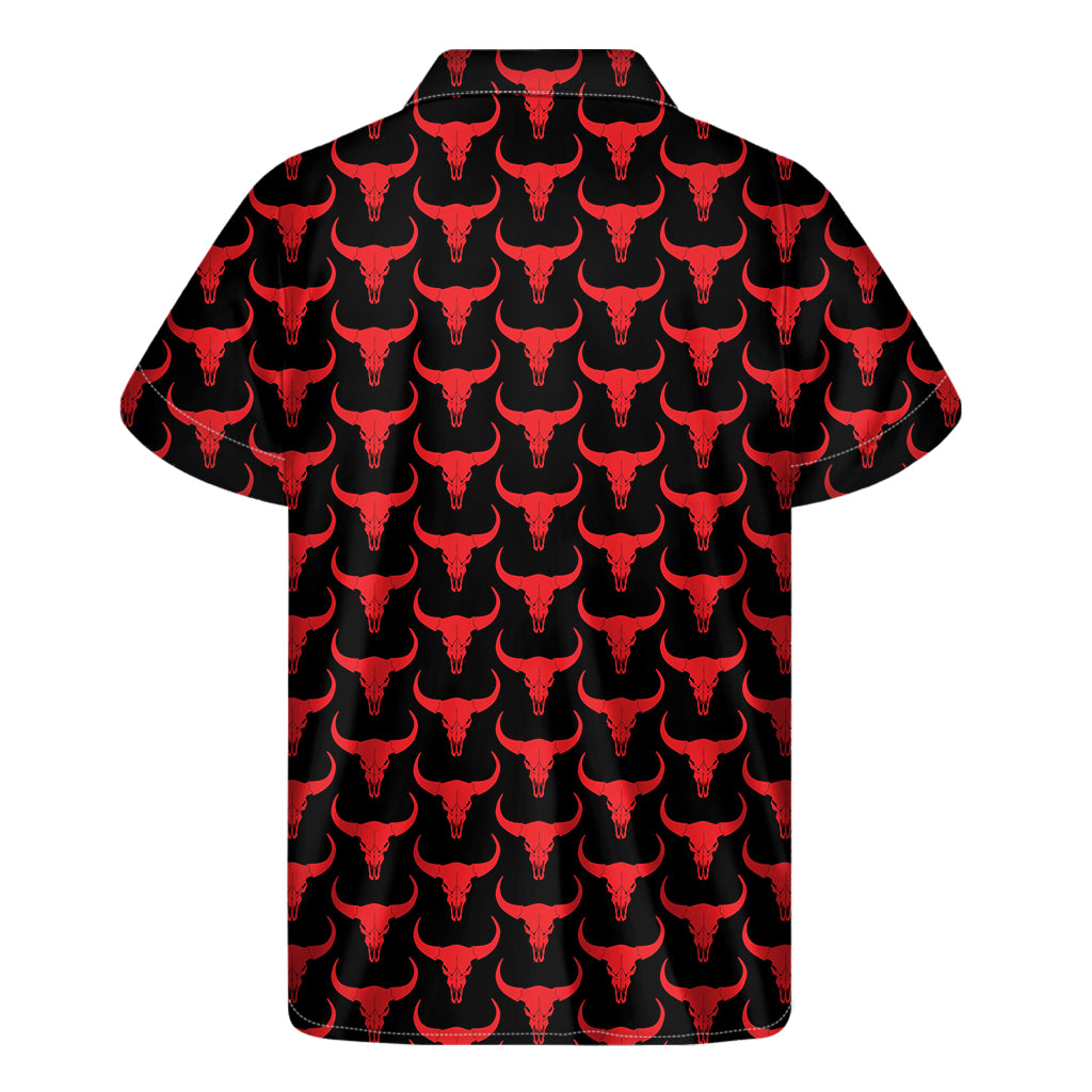 Red And Black Bull Skull Pattern Print Men's Short Sleeve Shirt