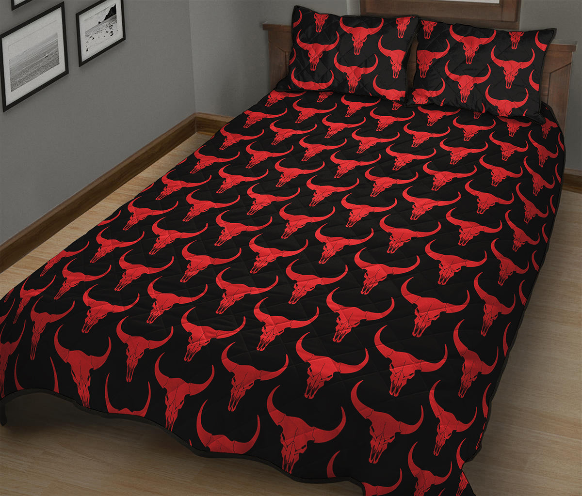 Red And Black Bull Skull Pattern Print Quilt Bed Set