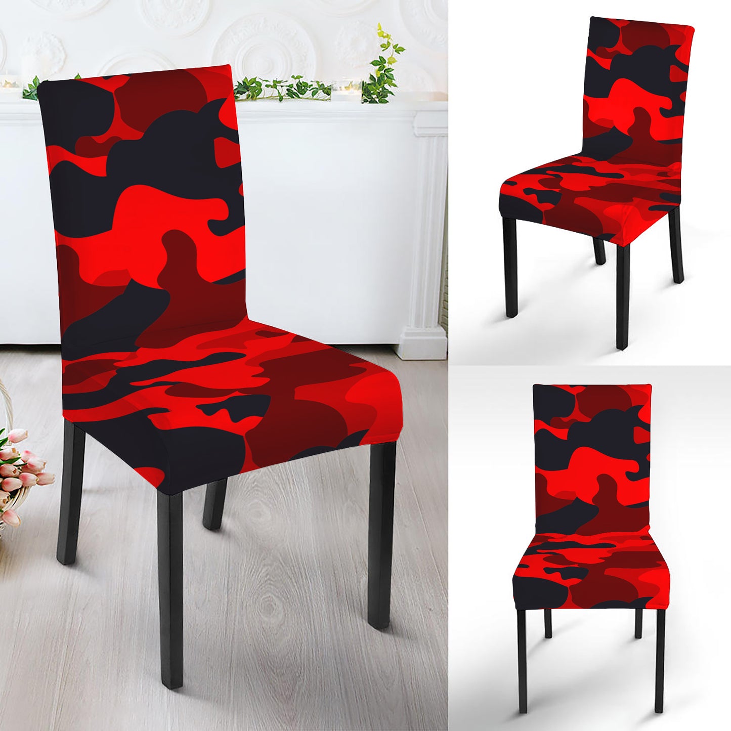 Red And Black Camouflage Print Dining Chair Slipcover