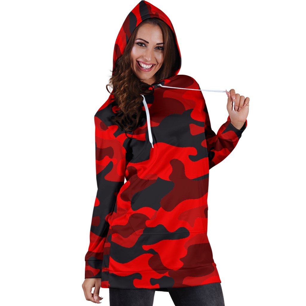 Red And Black Camouflage Print Hoodie Dress GearFrost