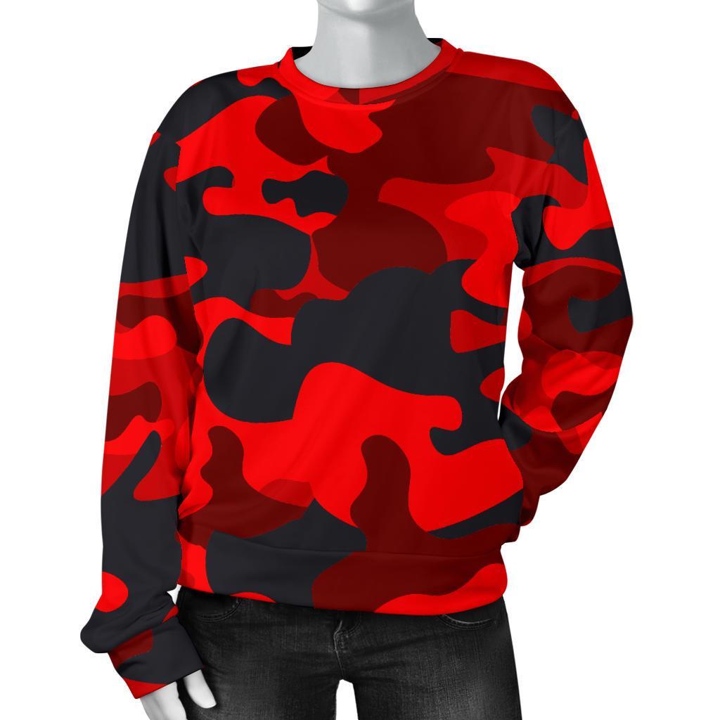 Red And Black Camouflage Print Women's Crewneck Sweatshirt GearFrost