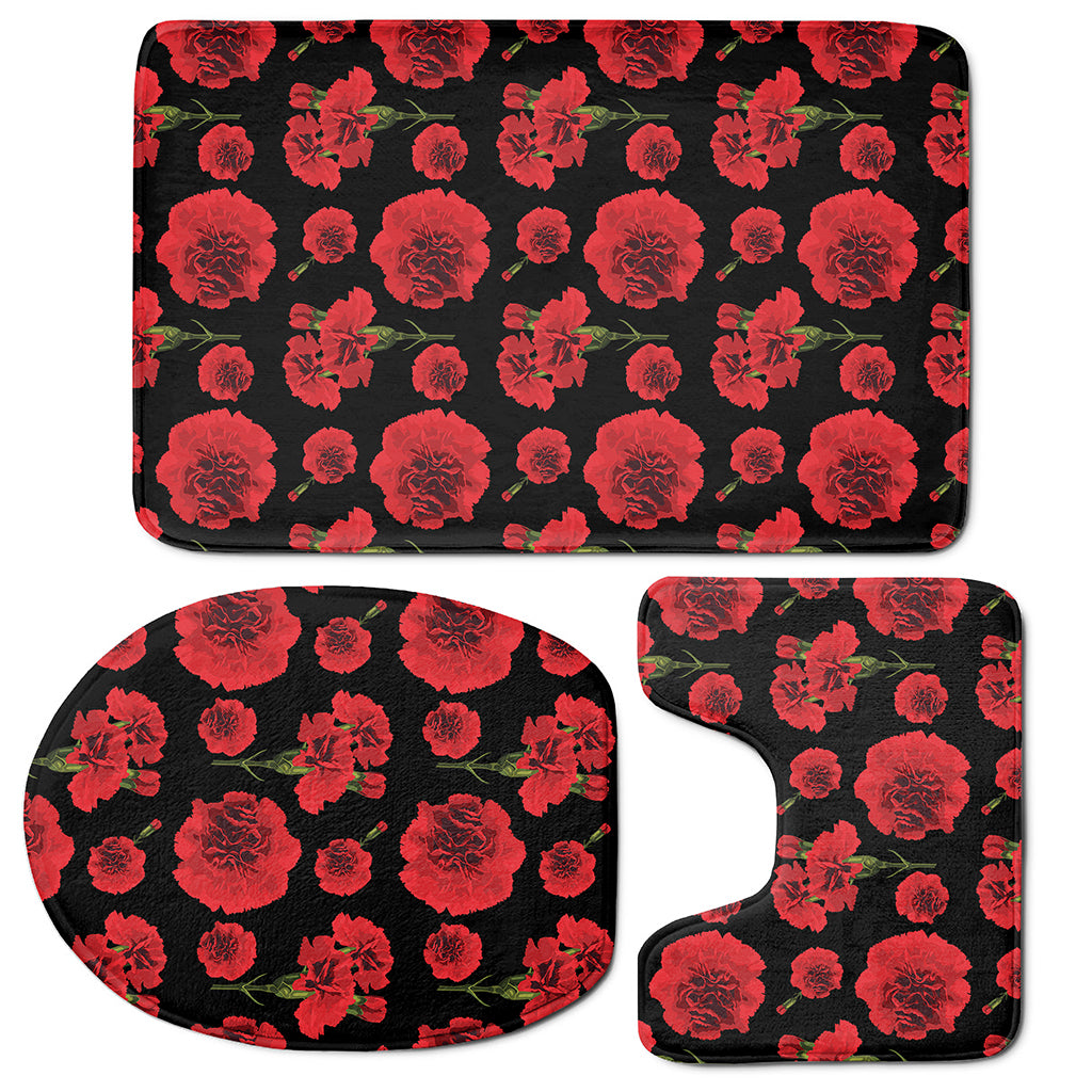 Red And Black Carnation Pattern Print 3 Piece Bath Mat Set