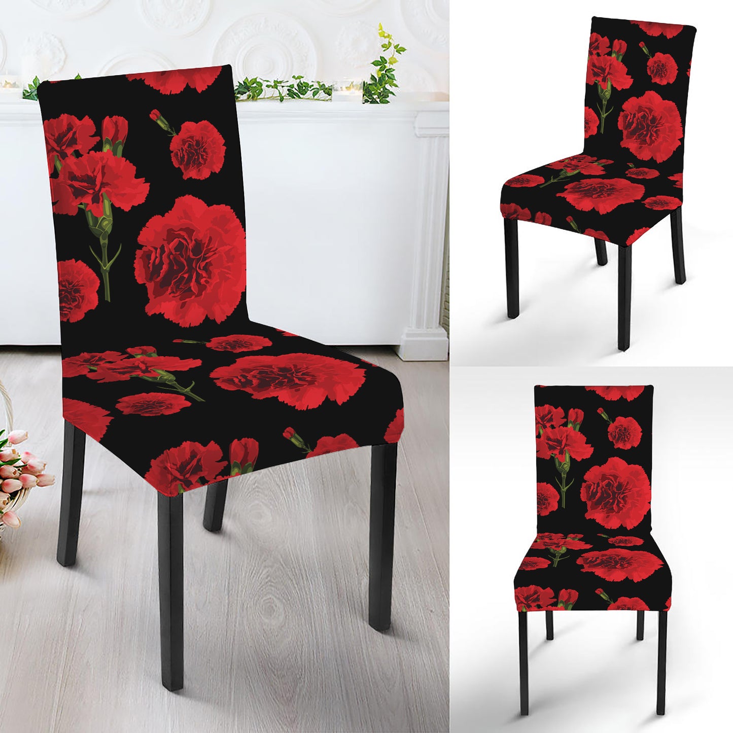 Red And Black Carnation Pattern Print Dining Chair Slipcover