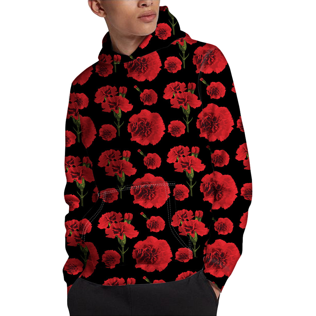 Red And Black Carnation Pattern Print Pullover Hoodie