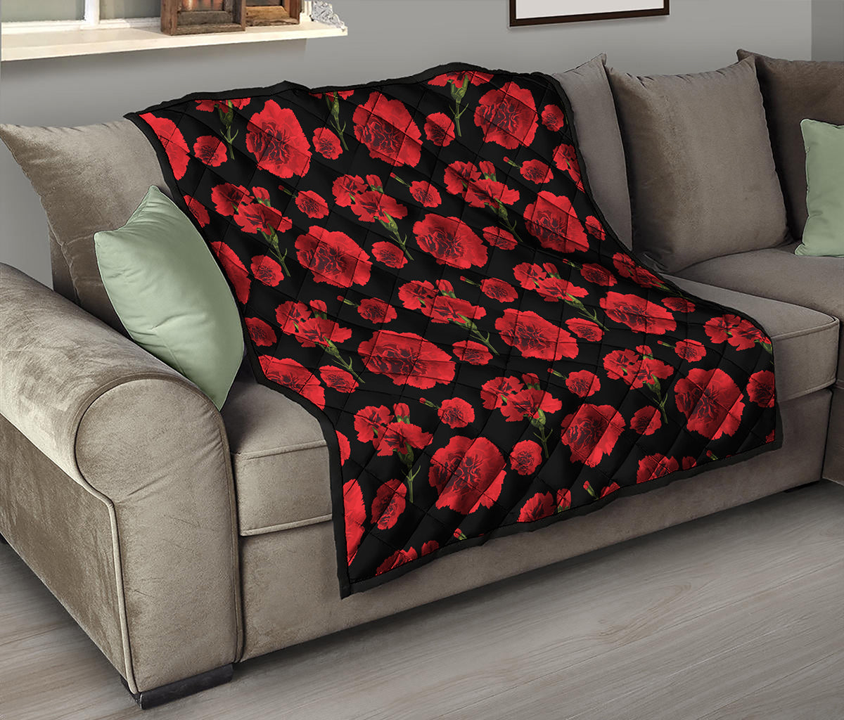 Red And Black Carnation Pattern Print Quilt