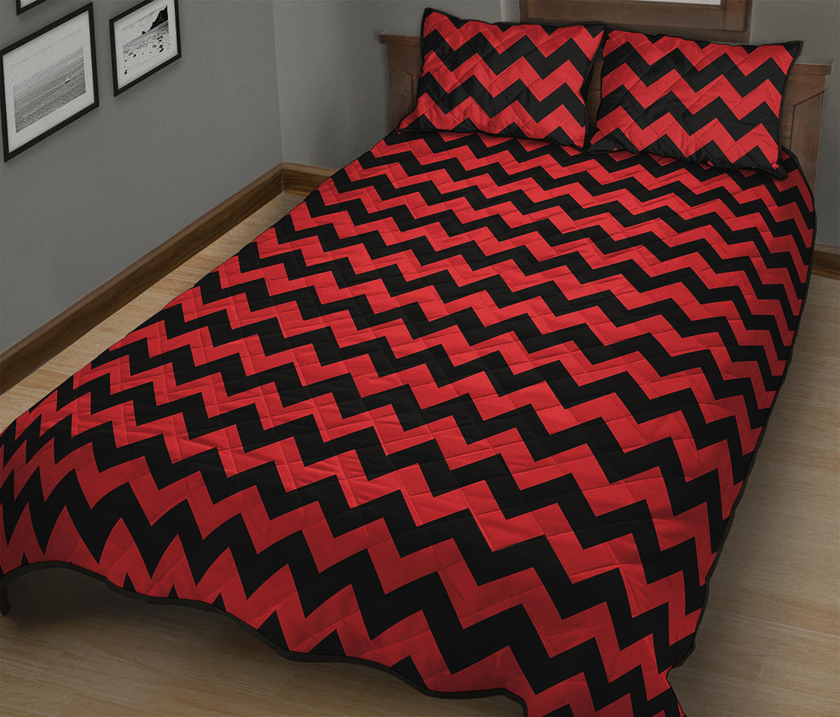 Red And Black Chevron Pattern Print Quilt Bed Set