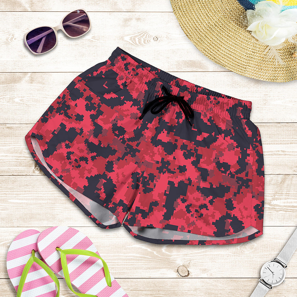 Red And Black Digital Camo Pattern Print Women's Shorts