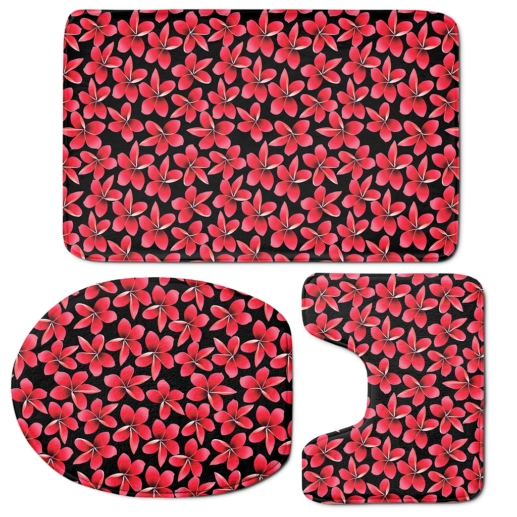 Red And Black Frangipani Pattern Print 3 Piece Bath Mat Set