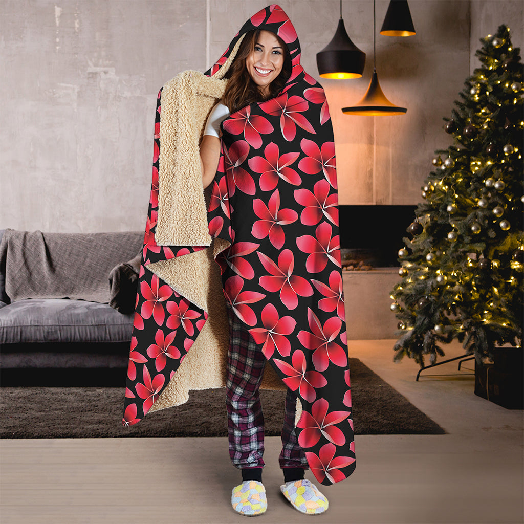 Red And Black Frangipani Pattern Print Hooded Blanket
