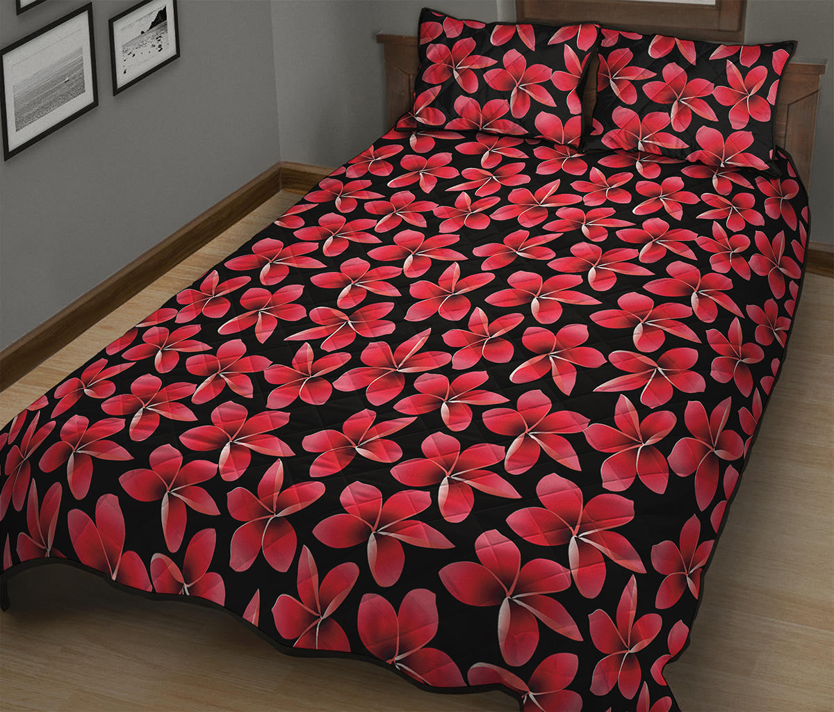 Red And Black Frangipani Pattern Print Quilt Bed Set