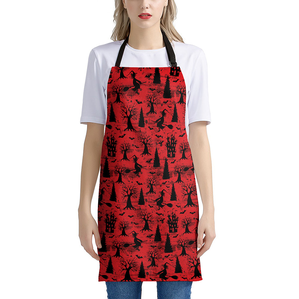 Red And Black Horror Witch Pattern Print Apron