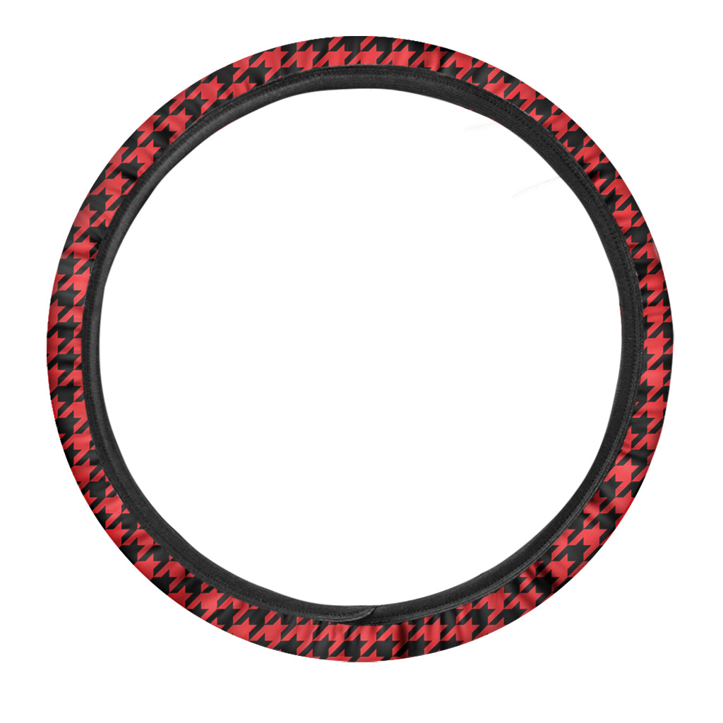 Red And Black Houndstooth Pattern Print Car Steering Wheel Cover