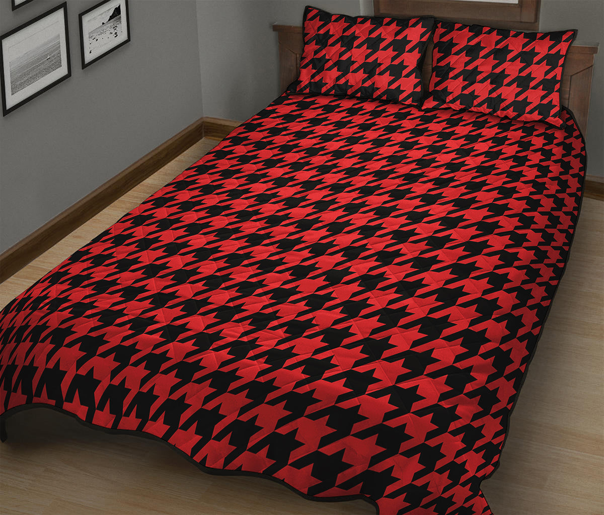 Red And Black Houndstooth Pattern Print Quilt Bed Set