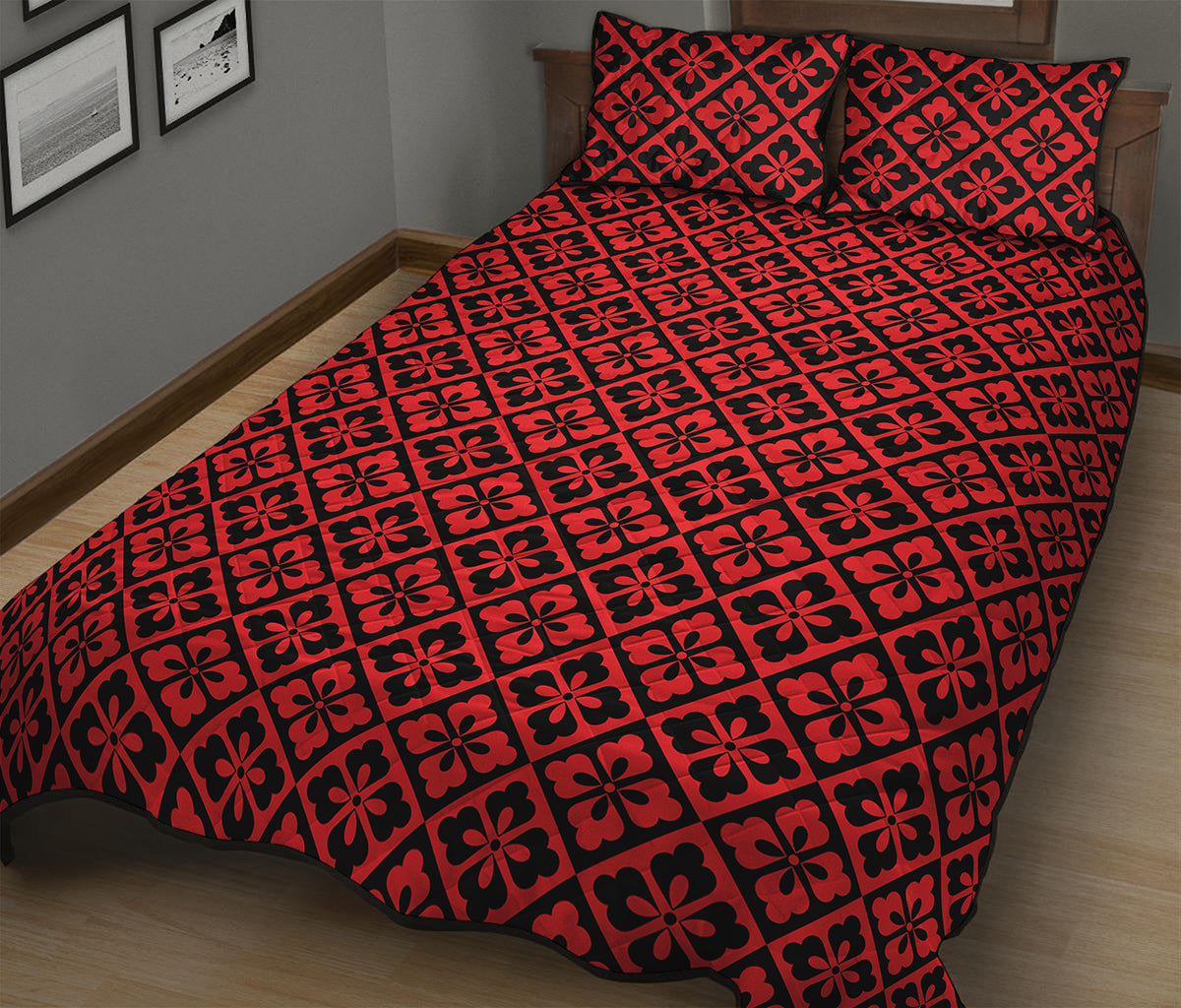 Red And Black Japanese Pattern Print Quilt Bed Set
