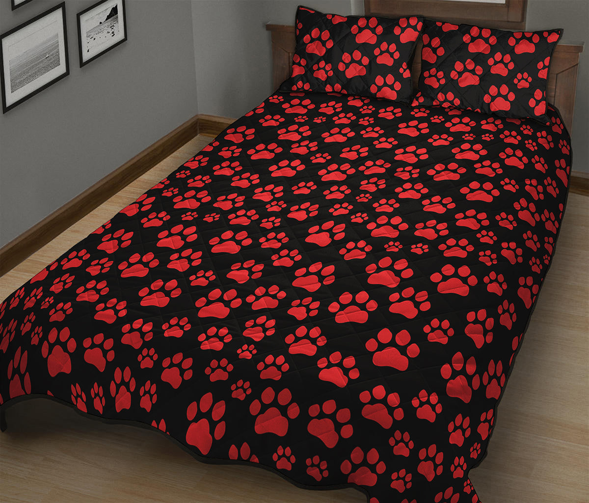 Red And Black Paw Pattern Print Quilt Bed Set