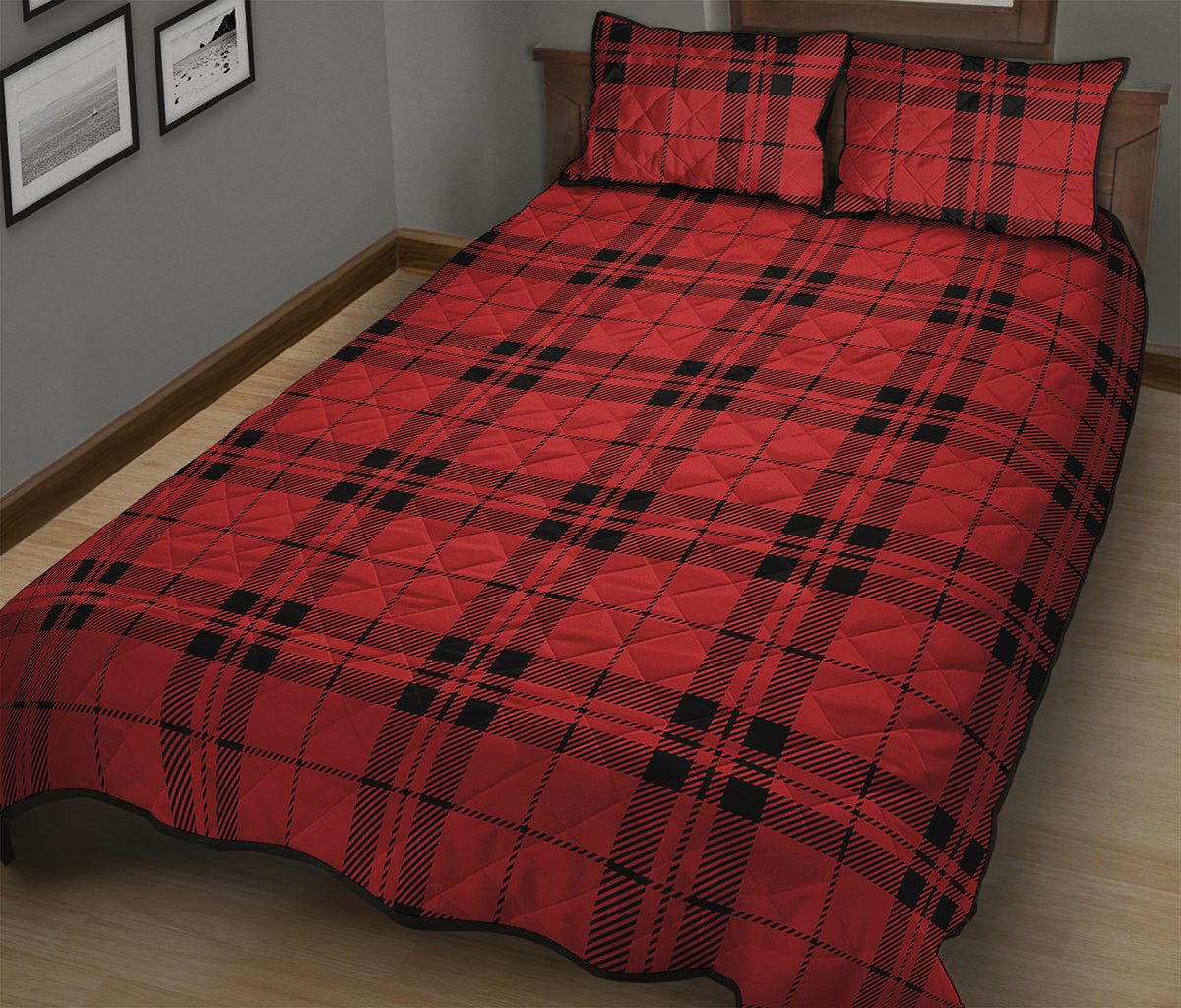 Red And Black Tartan Pattern Print Quilt Bed Set