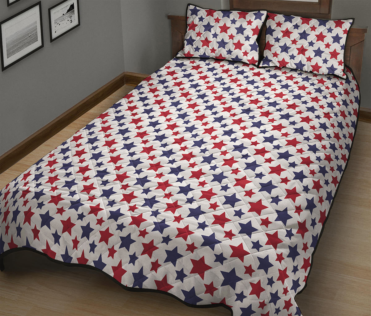 Red And Blue American Star Pattern Print Quilt Bed Set