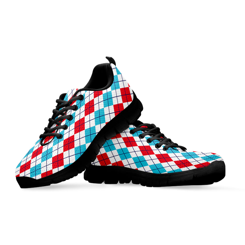 Red And Blue Argyle Pattern Print Black Sneakers
