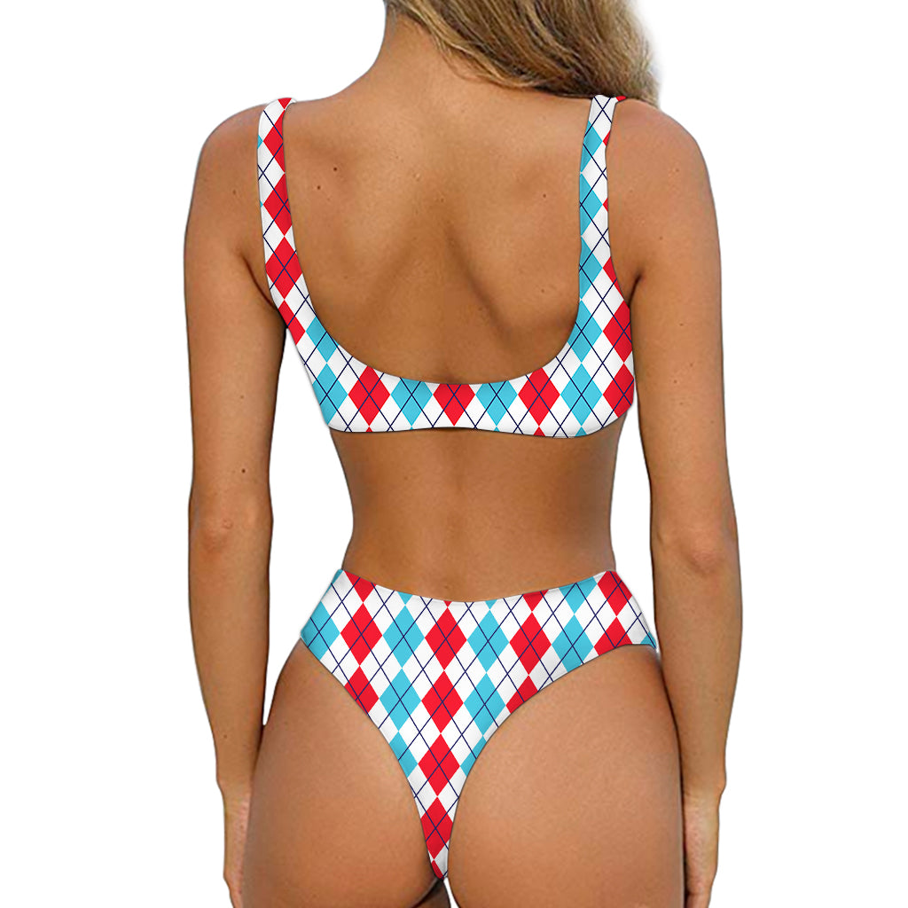 Red And Blue Argyle Pattern Print Front Bow Tie Bikini