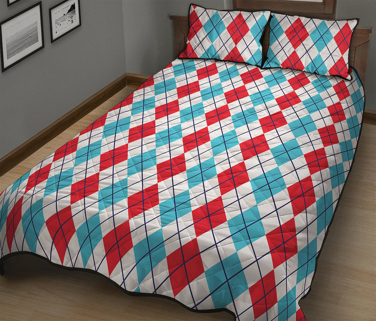 Red And Blue Argyle Pattern Print Quilt Bed Set