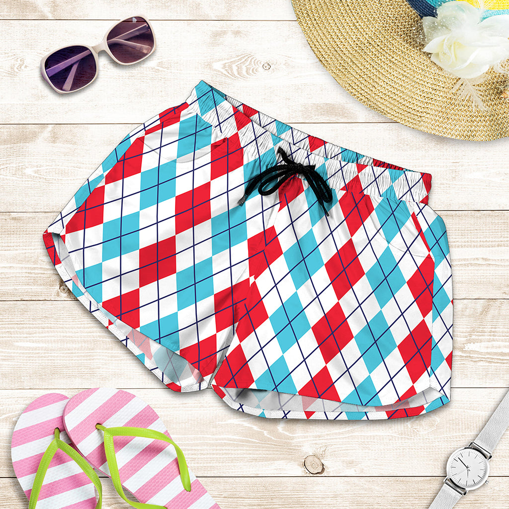 Red And Blue Argyle Pattern Print Women's Shorts