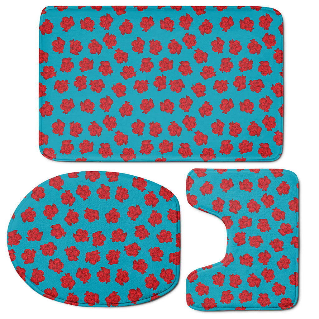 Red And Blue Carnation Pattern Print 3 Piece Bath Mat Set