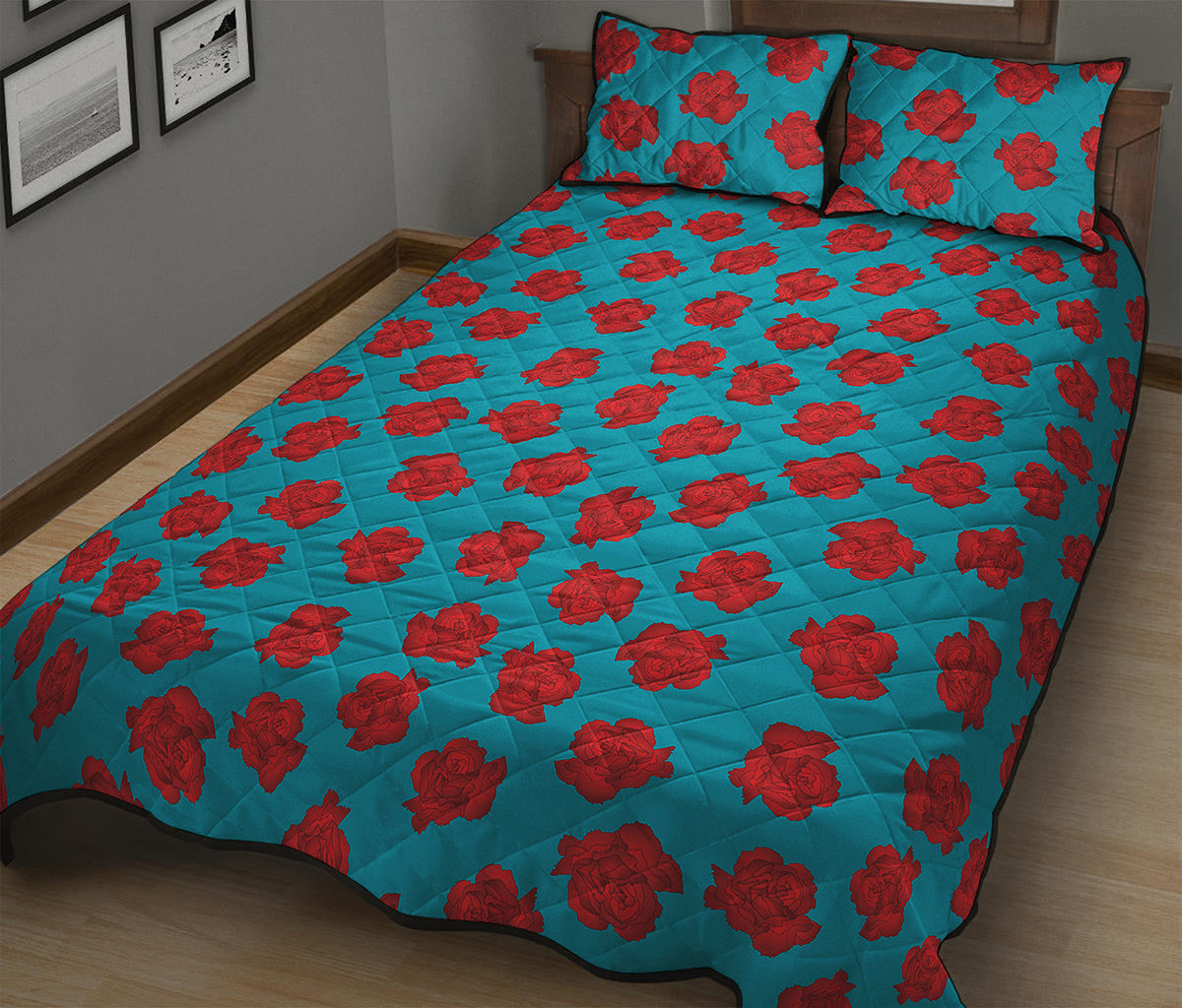 Red And Blue Carnation Pattern Print Quilt Bed Set