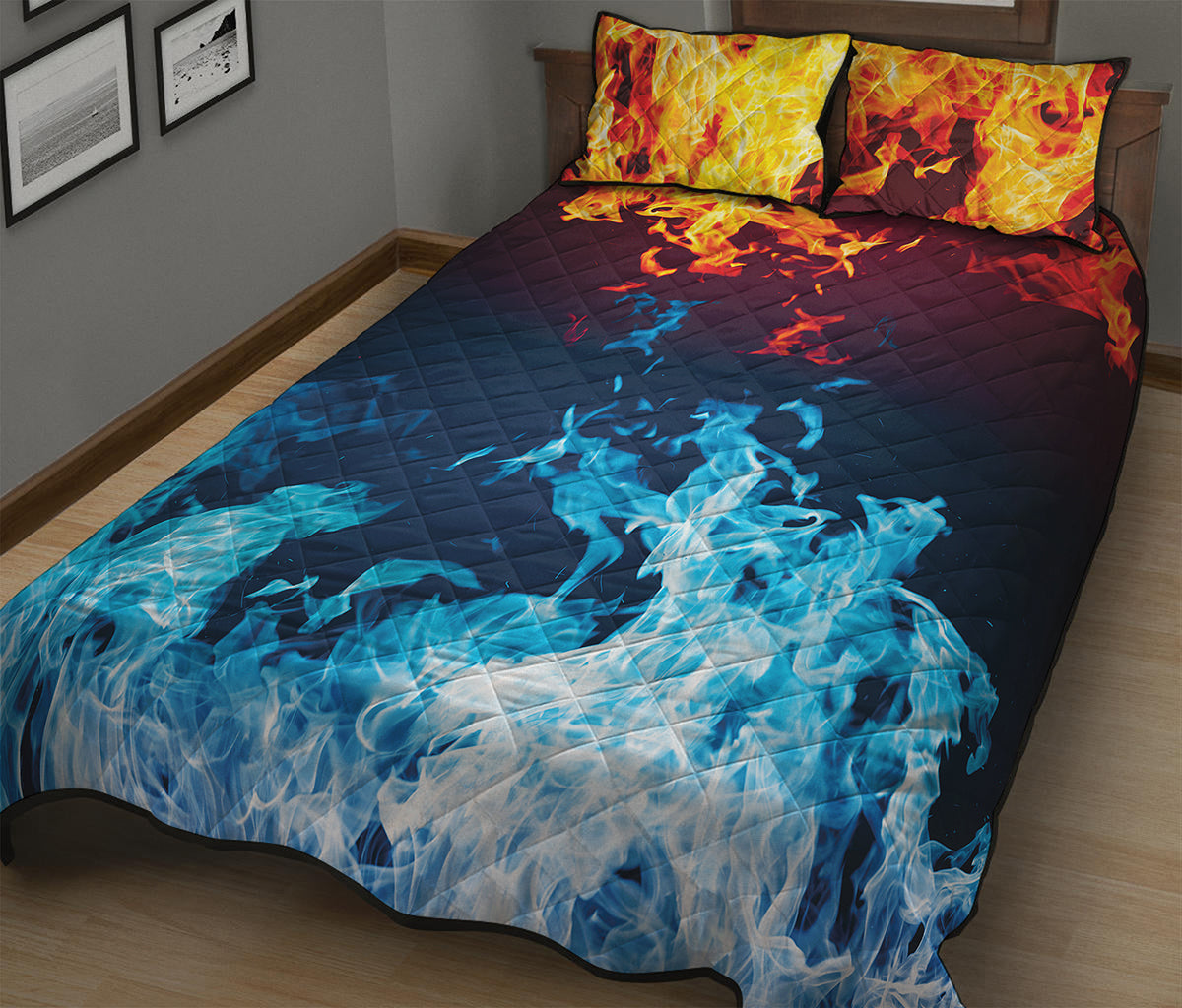 Red And Blue Fire Print Quilt Bed Set