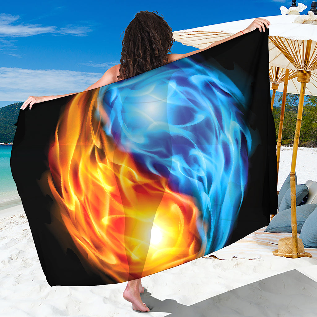 Red And Blue Fire Yin Yang Print Beach Sarong Wrap Gearfrost