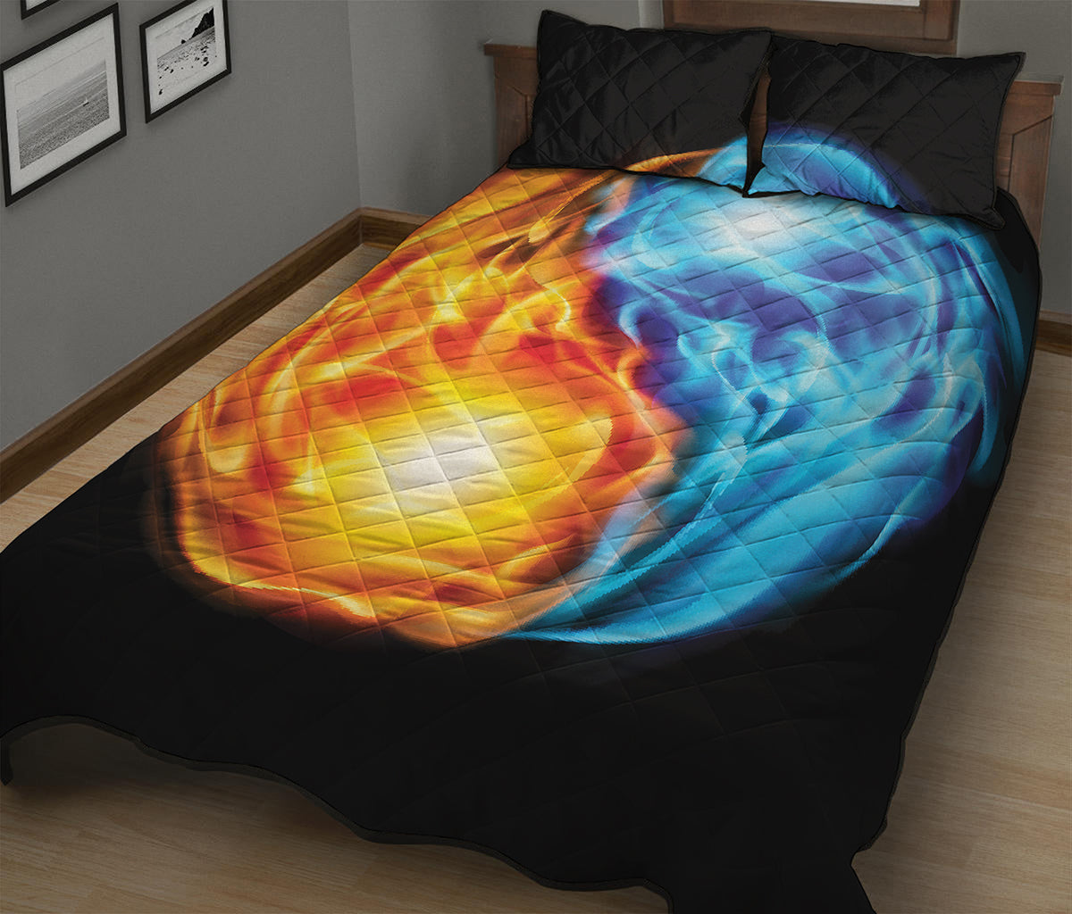 Red And Blue Fire Yin Yang Print Quilt Bed Set