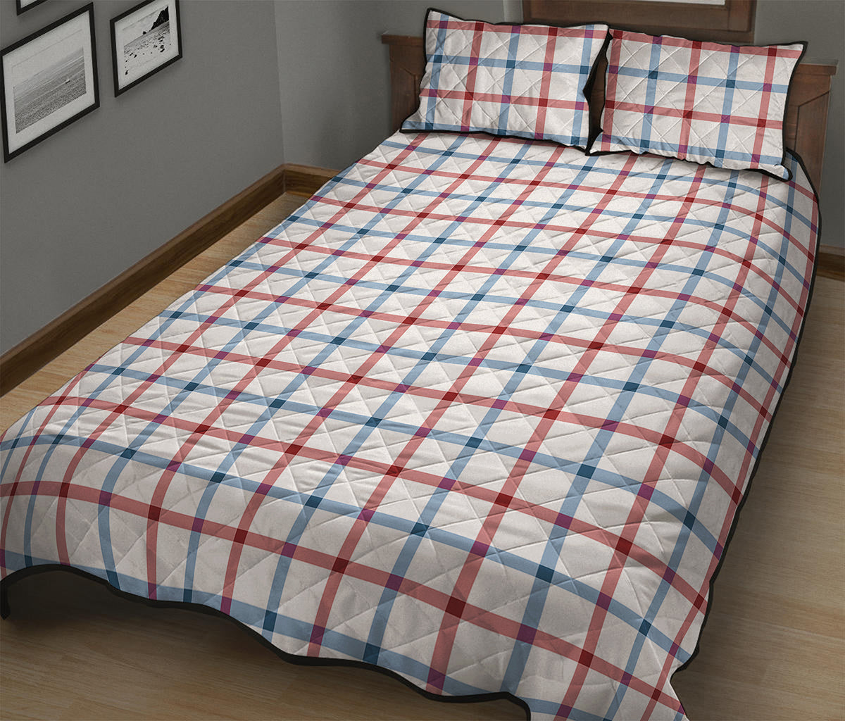 Red And Blue Tattersall Pattern Print Quilt Bed Set