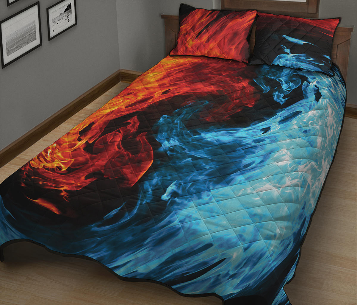 Red And Blue Twin Flame Print Quilt Bed Set