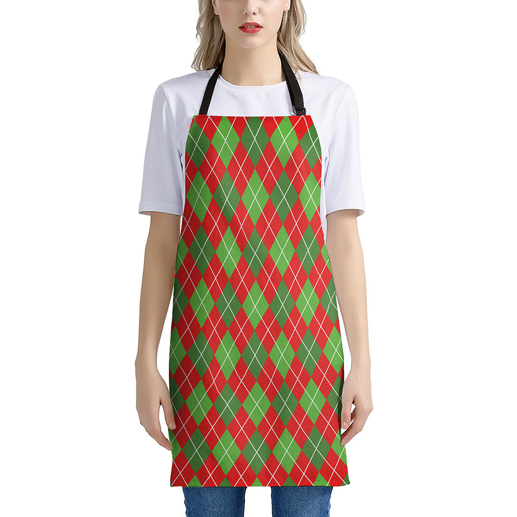 Red And Green Argyle Pattern Print Apron