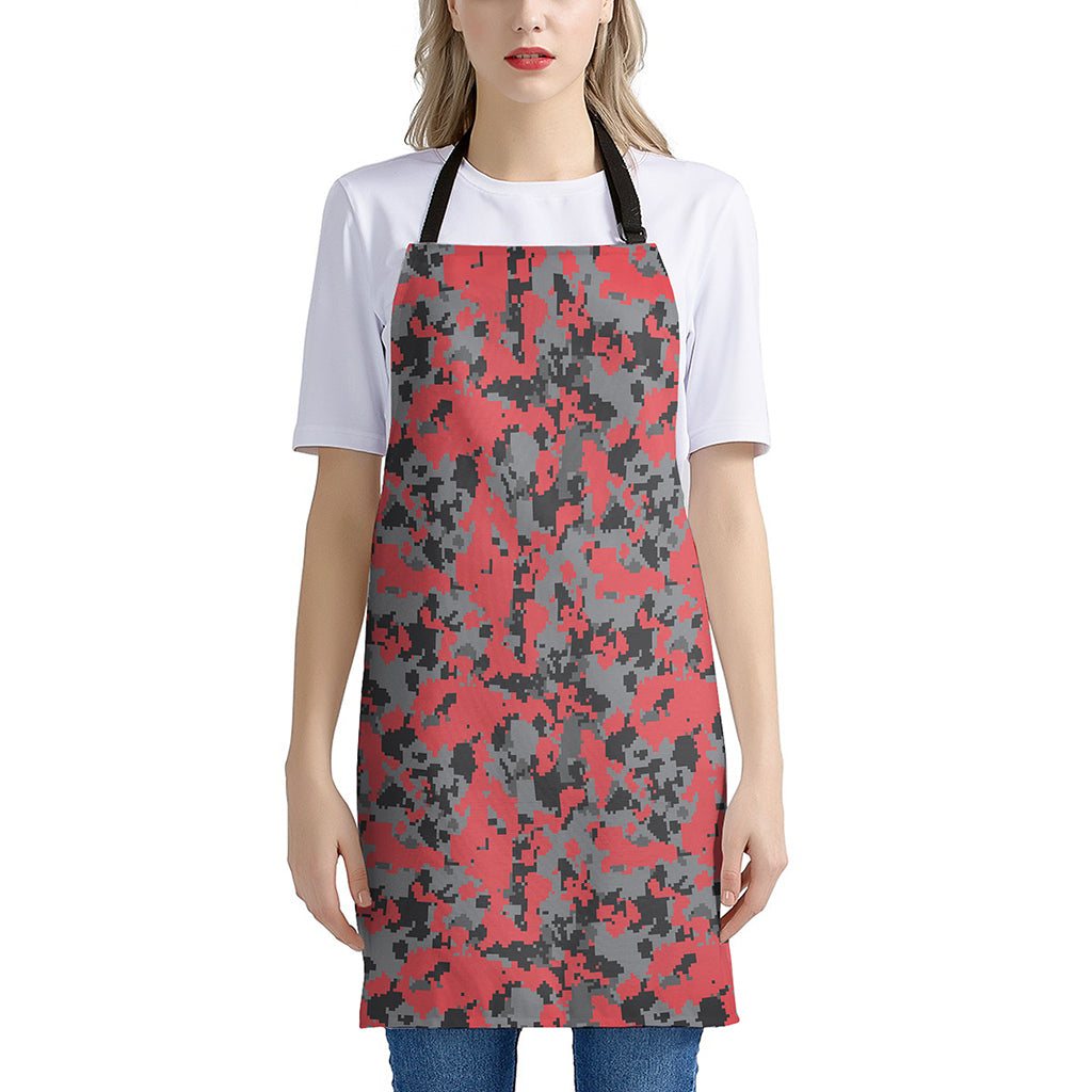 Red And Grey Digital Camo Pattern Print Apron