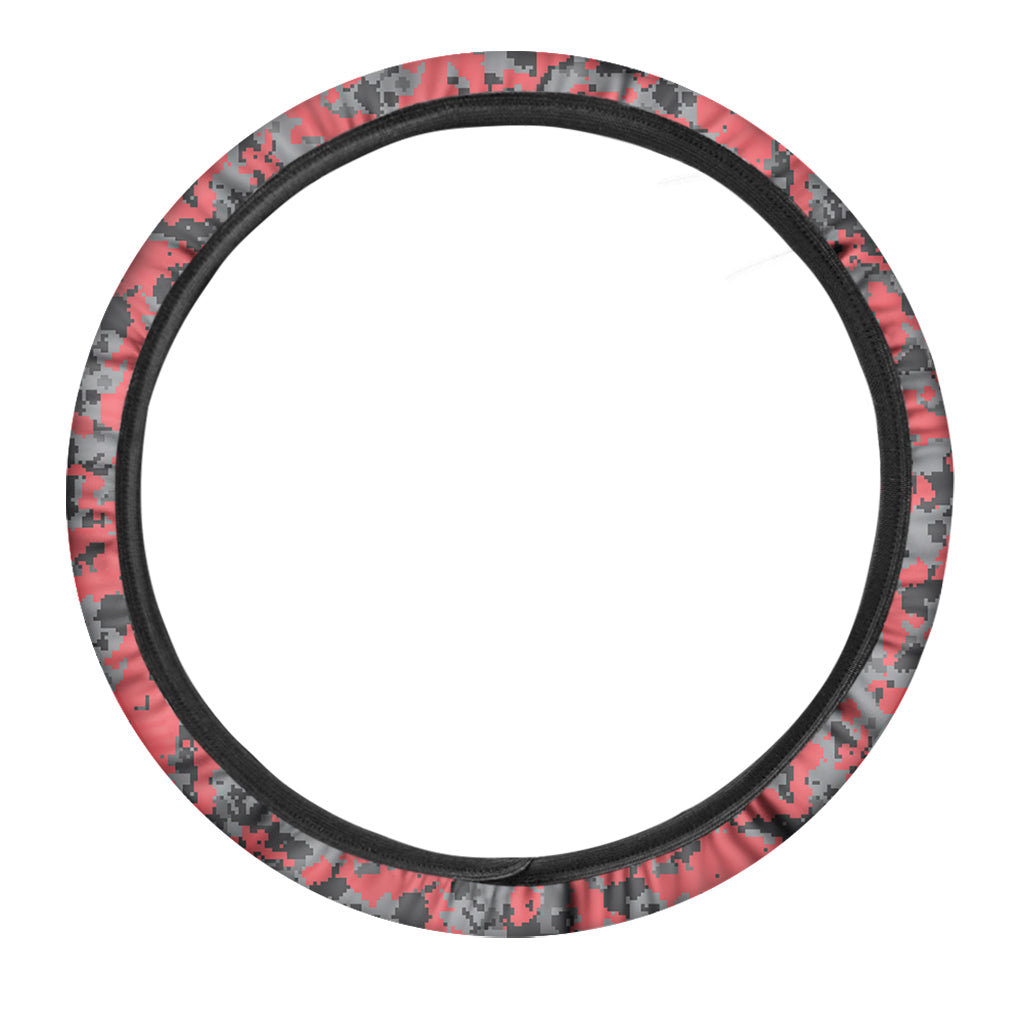 Red And Grey Digital Camo Pattern Print Car Steering Wheel Cover