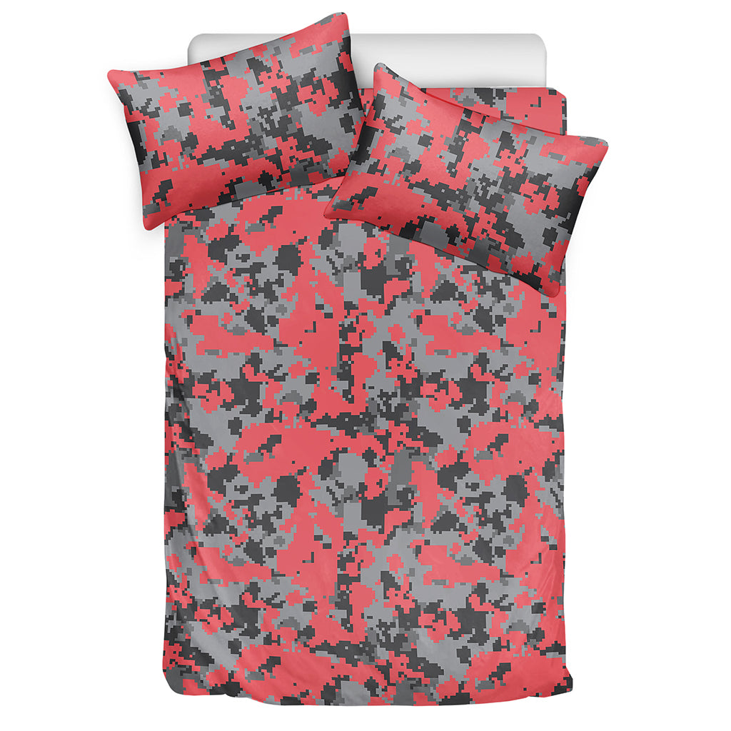 Red And Grey Digital Camo Pattern Print Duvet Cover Bedding Set