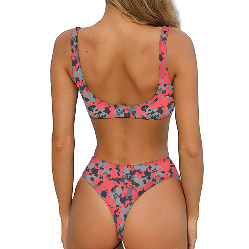 Red And Grey Digital Camo Pattern Print Front Bow Tie Bikini