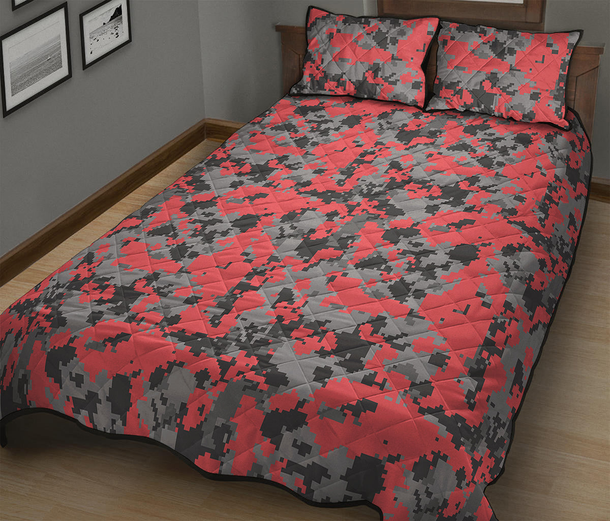 Red And Grey Digital Camo Pattern Print Quilt Bed Set