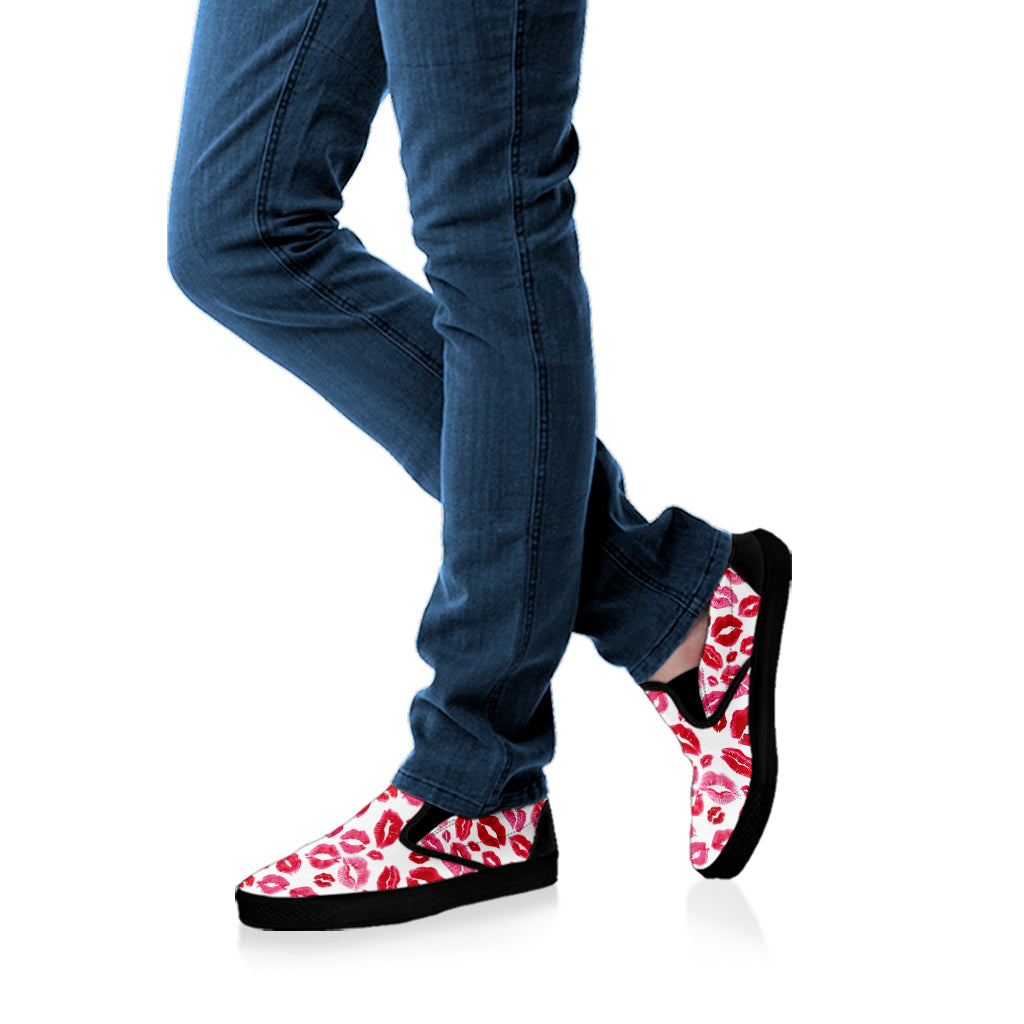 Red And Pink Lips Pattern Print Black Slip On Shoes