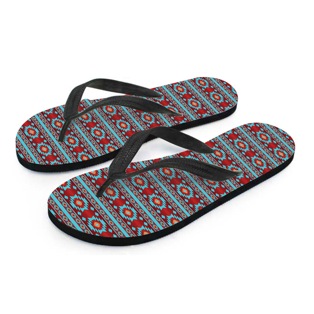 Red And Teal Southwestern Pattern Print Flip Flops