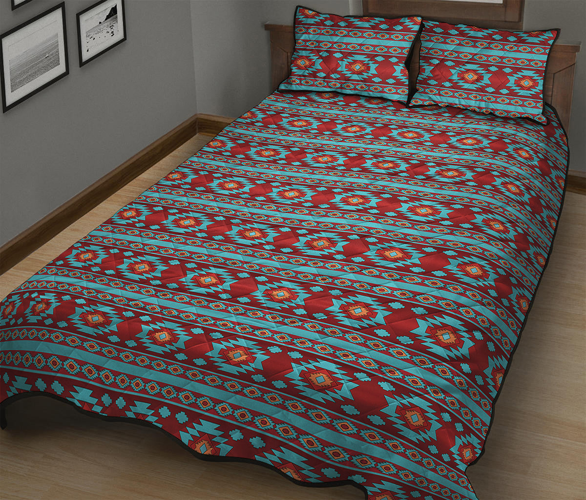 Red And Teal Southwestern Pattern Print Quilt Bed Set
