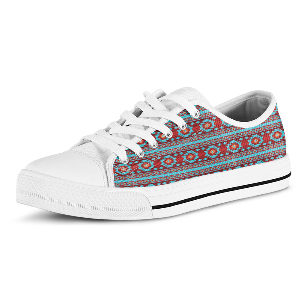 Red And Teal Southwestern Pattern Print White Low Top Shoes
