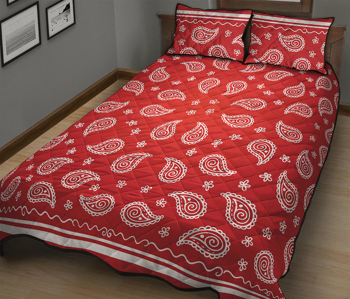 Red And White Bandana Print Quilt Bed Set