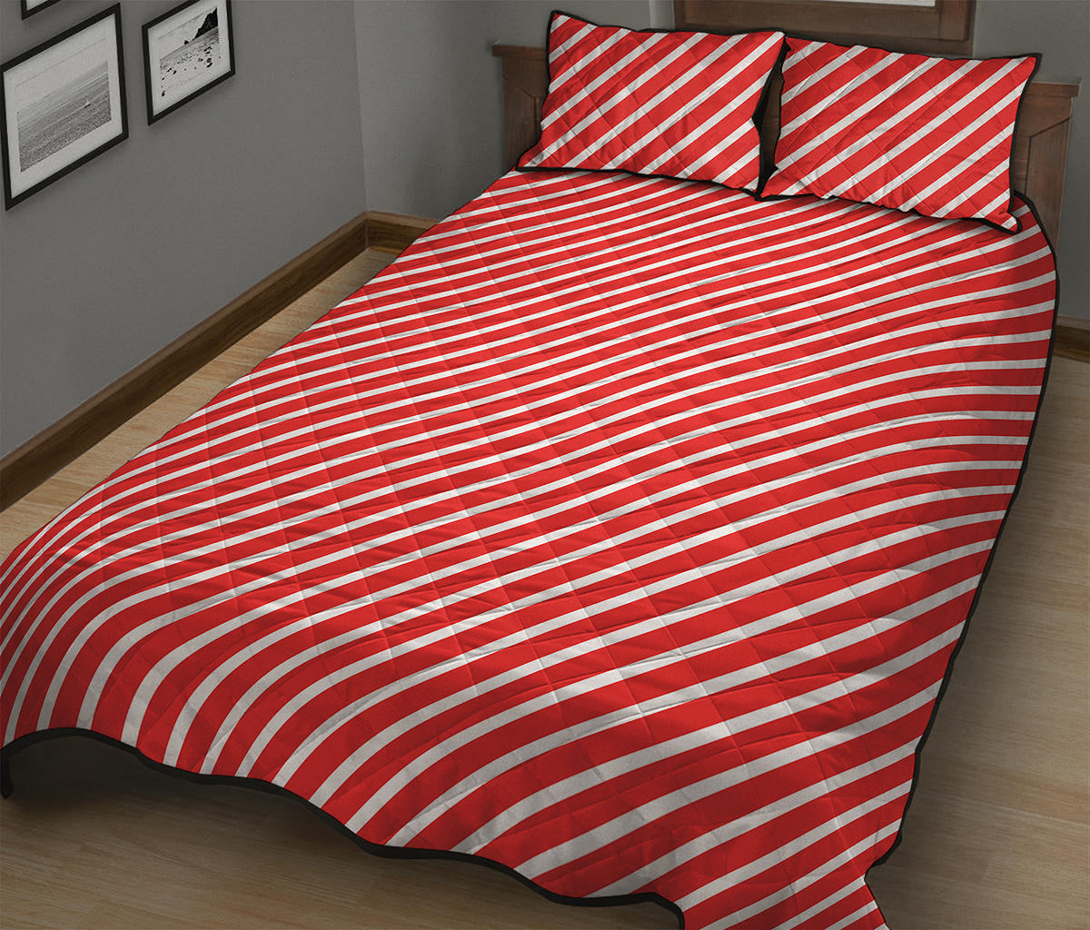 Red And White Candy Cane Pattern Print Quilt Bed Set