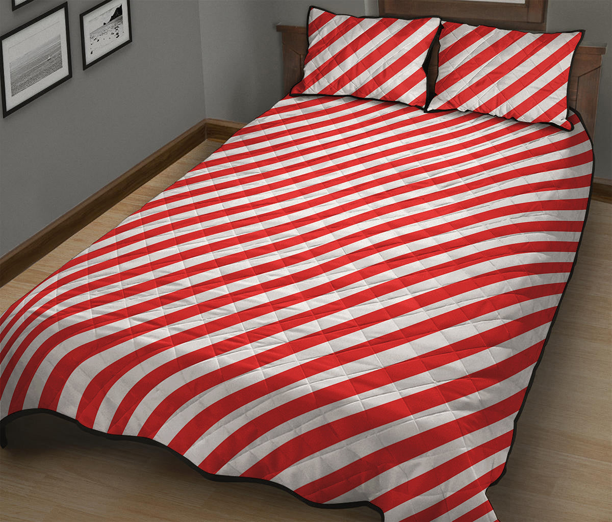 Red And White Candy Cane Striped Print Quilt Bed Set