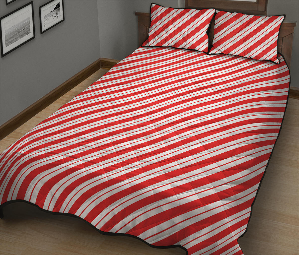 Red And White Candy Cane Stripes Print Quilt Bed Set
