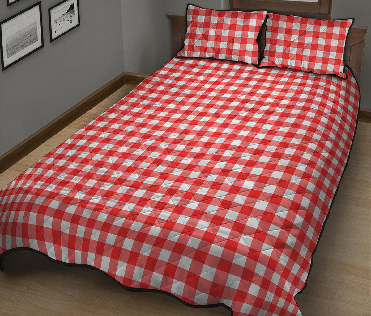 Red And White Check Pattern Print Quilt Bed Set