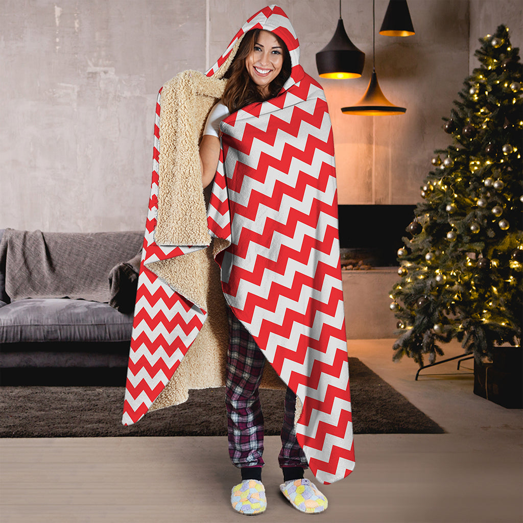 Red And White Chevron Pattern Print Hooded Blanket