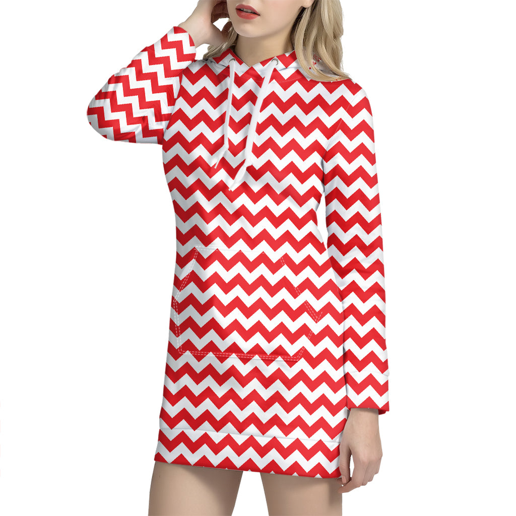 Red And White Chevron Pattern Print Hoodie Dress